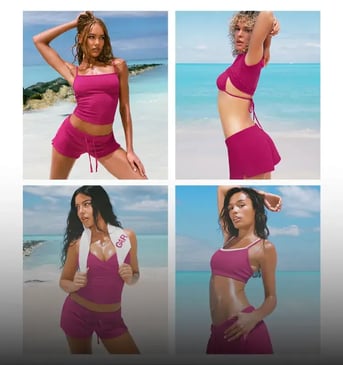 Models pose on the beach in a variety of matching raspberry outfits.