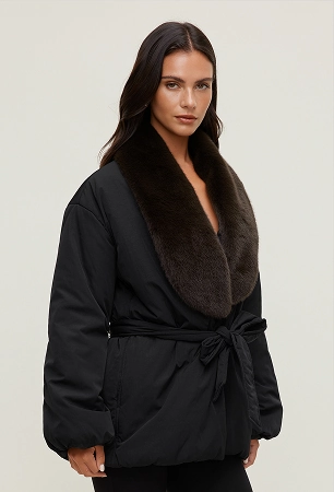 Model is wearing a black faux fur trim jacket.