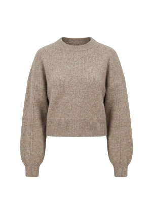 Beige crewneck sweater.
